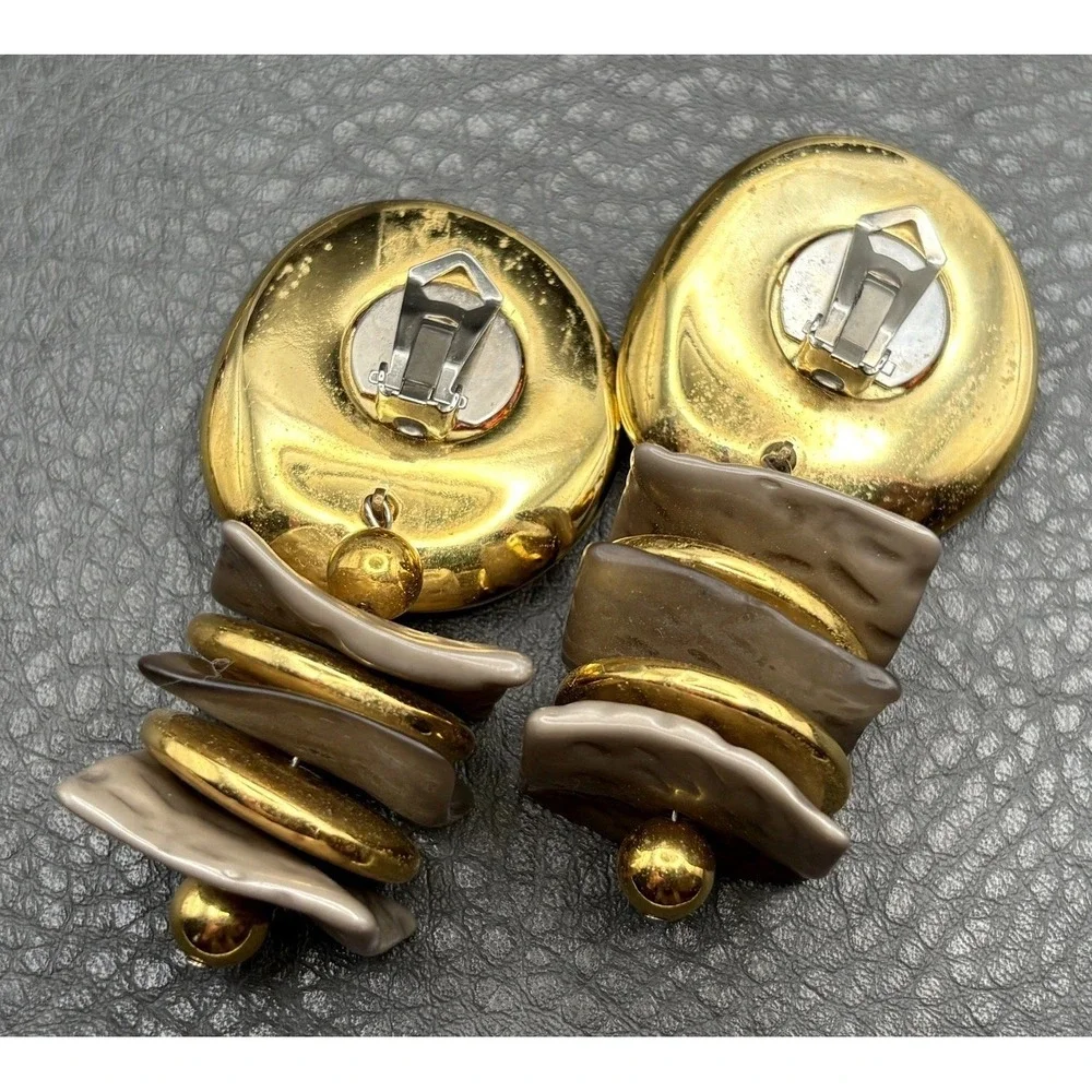 Vintage 80s Huge Runway Bold Dangle Drop Clip Earrings Gold Tone